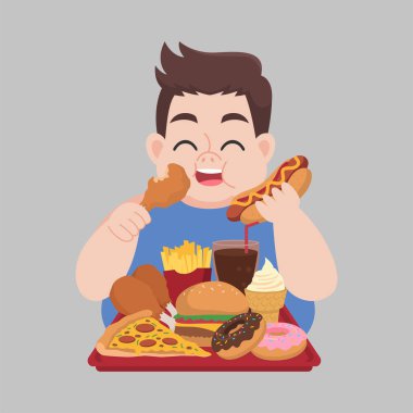 Şişko, mutlu adam fast food, abur cubur, tavuk budu, pizza, donut, patates kızartması, hamburger, dondurma, kola, hot dog, sağlıksız çizgi film, diyet, sağlık sigortası konsepti