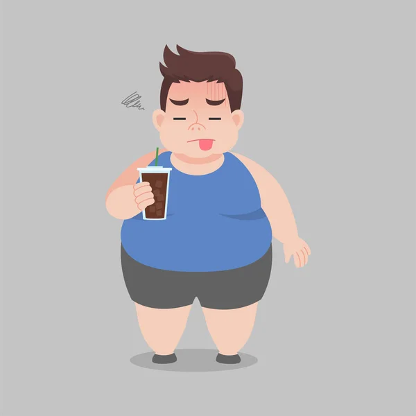 Big Fat Man Bebiendo Café Negro Para Cuerpo Delgado Hielo — Archivo Imágenes Vectoriales