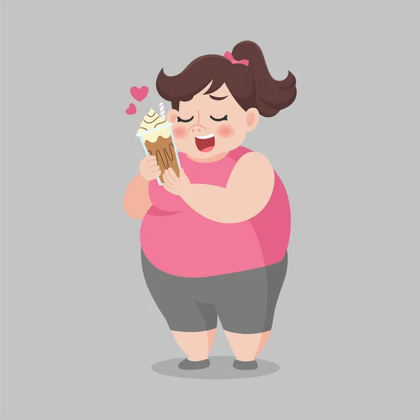 Big Fat Femme Aime Boire Café Glacé Avec Crème Fouettée — Image vectorielle