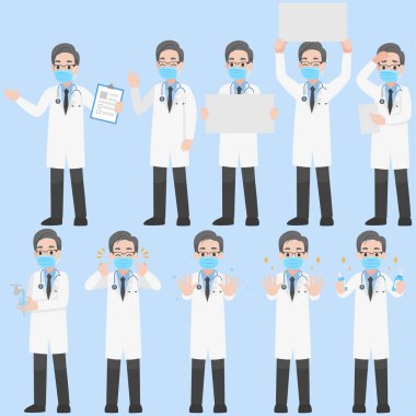 Corona Virüs Sağlık Konseptini önlemek için koruyucu tıbbi maske takan bir grup Doktor Karakteri