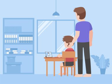 Baba, oğlunun ödevlerini birlikte yapmasına yardım ediyor. Yeni normal hayattaki insanlar Coronavirus ve Mesafe Öğrenme kavramlarını önlemek için kendi kendilerine öğrendikleri dersleri öğreniyorlar..