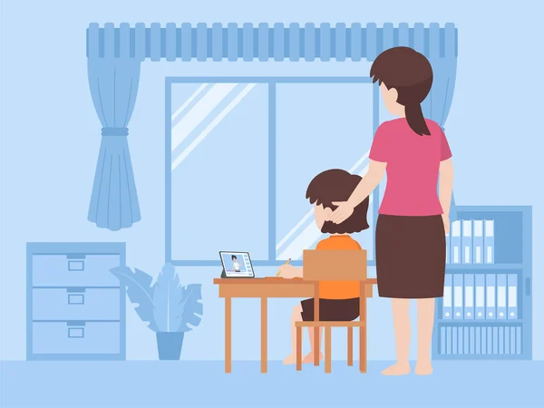 Matka Pomaga Synowi Odrabiać Zadania Domowe Razem Praca Domowa Ludzie — Wektor stockowy