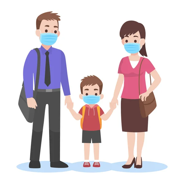 Parents Take Children School Wearing Surgical Face Mask Prevent Coronavirus — Stock Vector