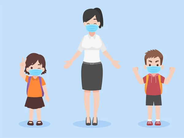 コロナウイルス予防のためのフェイスマスクを身に着けている新しい通常の生活の中で子供や教師 学校の概念に戻る — ストックベクタ