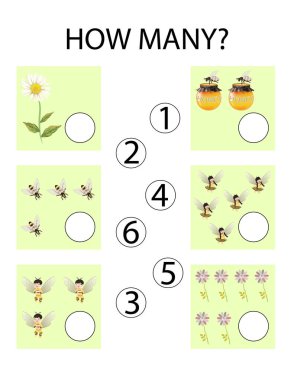 Counting game for preschool children. educational a mathematical game. Count how many flowers, bees and write the result! Game for preschool kids activity worksheet layout. Vector Illustration. clipart