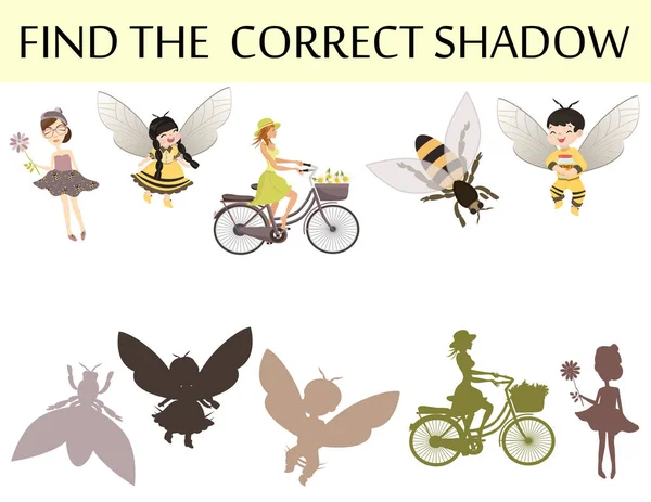 Find Correct Shadow Kids Game Children Preschool Kindergarten Worksheet — Stock Vector