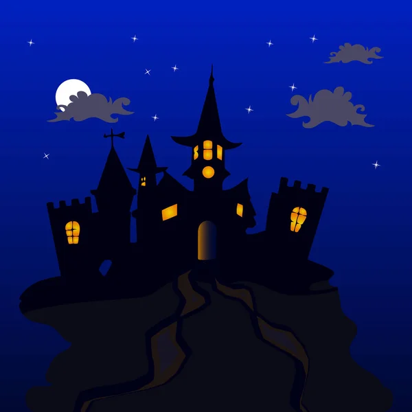 Night illustration for the holiday of Halloween, Gothic castle on top of the mountain, where the moon and stars on a dark blue background, vector
