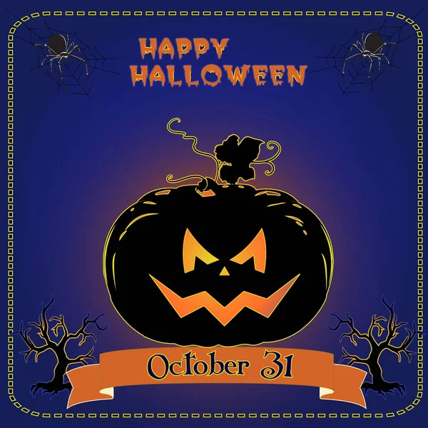 Banner for the holiday of Halloween, glowing pumpkin on a blue background, vector