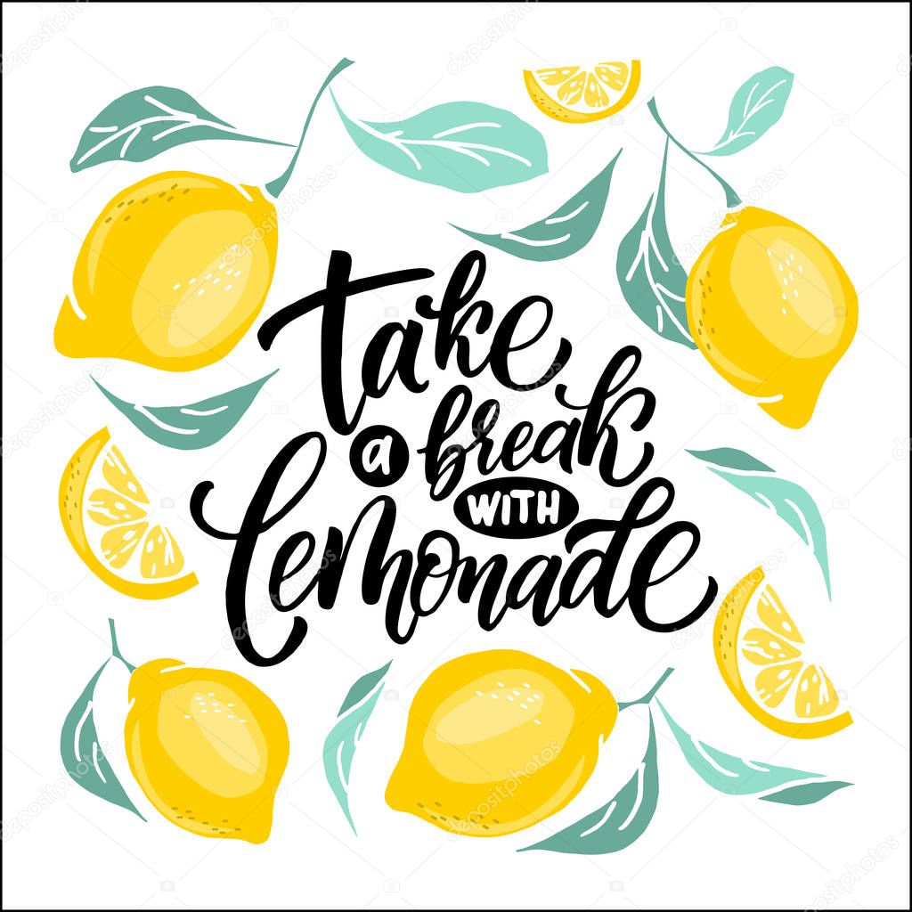 Lemonade lettering with lemon label. Brush calligraphy of word lemonade.