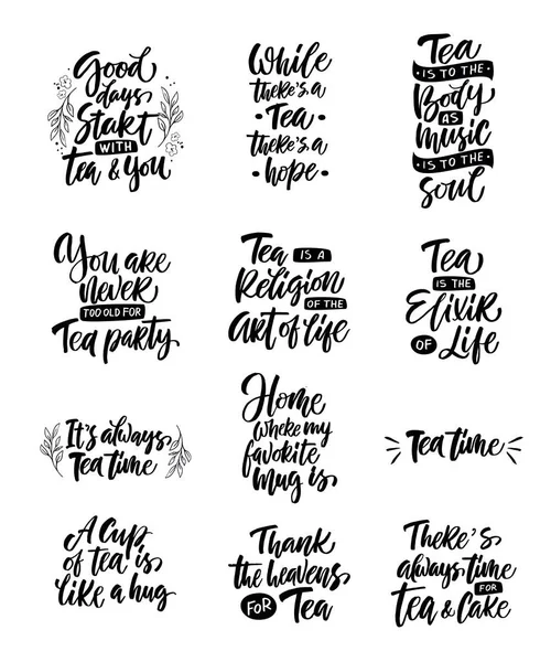 Set Hand Drawn Quotes Greeting Card Print Invitation Tea Phrase — Stock Vector