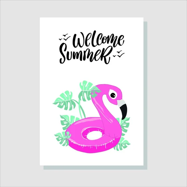 Mão Lettering Citação Bem Vindo Verão Cartão Verão Com Flamingo — Vetor de Stock