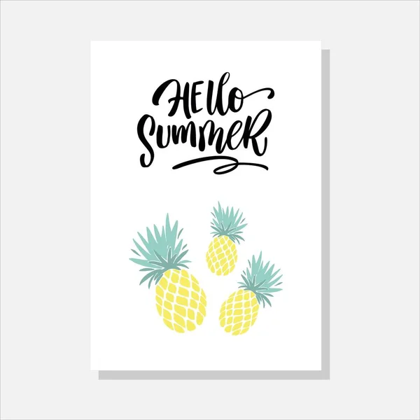 Mão Lettering Citação Olá Verão Cartão Verão Com Abacaxi — Vetor de Stock
