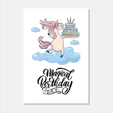 Sihirli Doğum Günü Mektubu ve tek boynuzlu at illüstrasyonu. 