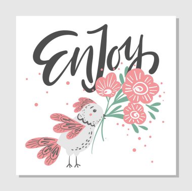 Tebrik kartı olarak kuş ve çiçeklerle el yazısıyla yazılmış modern harflerin tadını çıkarın.