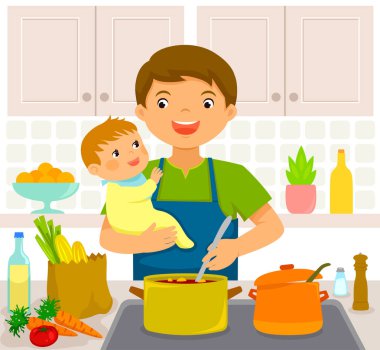 Mutfakta yemek yaparken bir bebek tutan genç adam