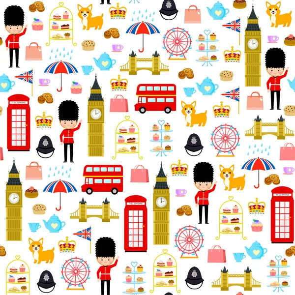 与伦敦和英国有关的可爱卡通无缝模式 — 图库矢量图片