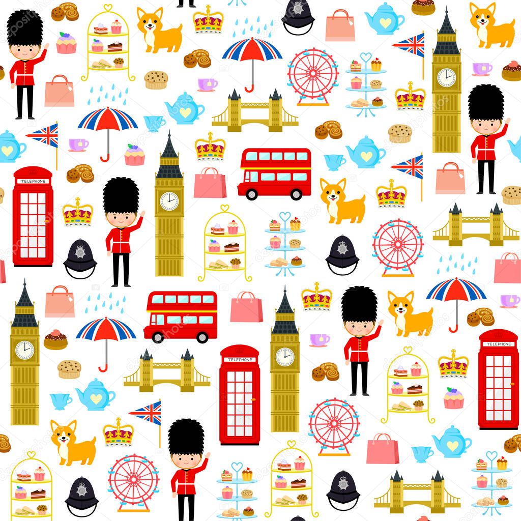 Seamless pattern with cute cartoons related to London and England