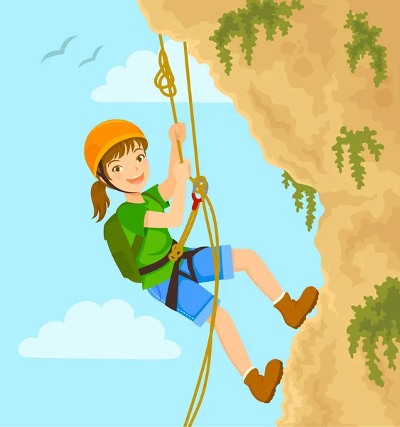 Young Girl Rappels Mountain Ropes — Stock Vector