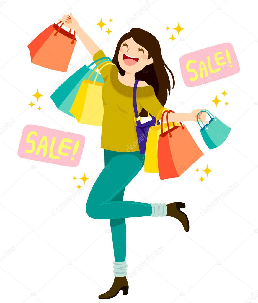 Happy young woman holding shopping bags and enjoying sales