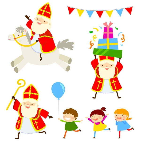 Conjunto Personagens Desenhos Animados Sinterklaas Com Crianças Felizes — Vetor de Stock