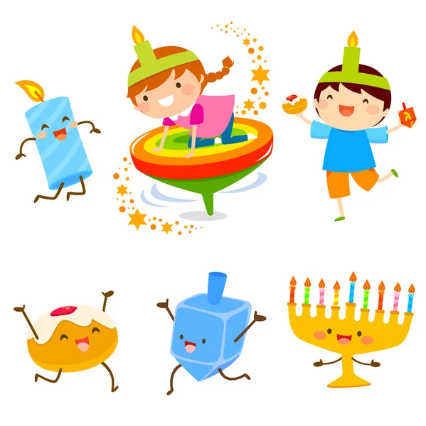 Set Cartoni Animati Bambini Simboli Hanukkah — Vettoriale Stock