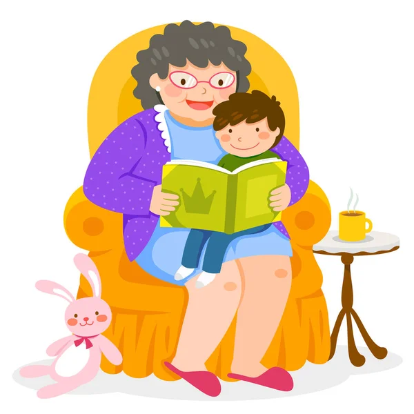 Abuela Leyendo Una Historia Nieto Que Está Sentado Regazo — Vector de stock