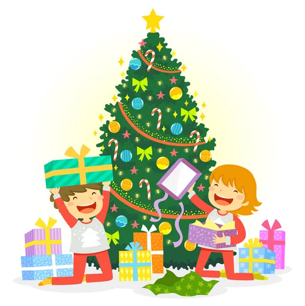 Bambini Che Aprono Loro Regali Natale Sotto Albero Natale — Vettoriale Stock