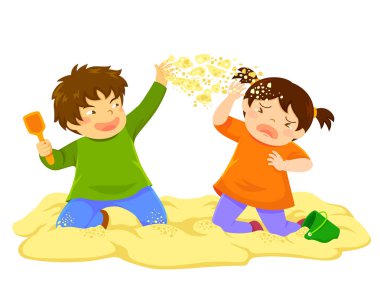 Yaramaz çocuk küçük bir kız Sandbox kum atma