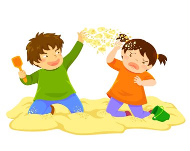 Naughty boy throwing sand at a little girl in the sandbox clipart
