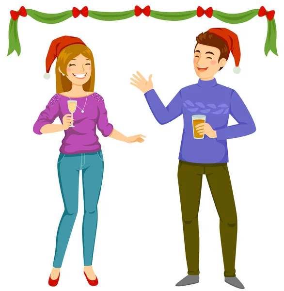 Happy Man Woman Wearing Santa Hats Holding Drinks Christmas Party — Stock Vector
