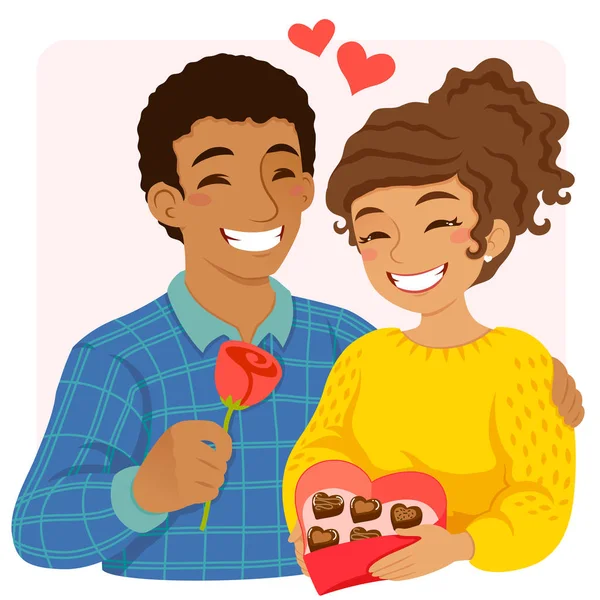 Pareja Romántica San Valentín Regalándose Flores Chocolates Forma Corazón — Vector de stock