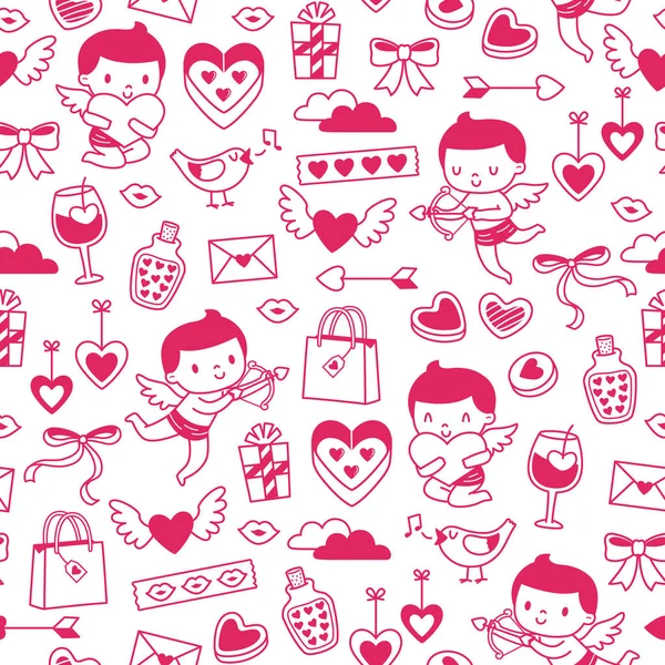 Seamless Tileable Pattern Valentines Day Hand Drawn Illustrations Cupids Romantic — Stock Vector