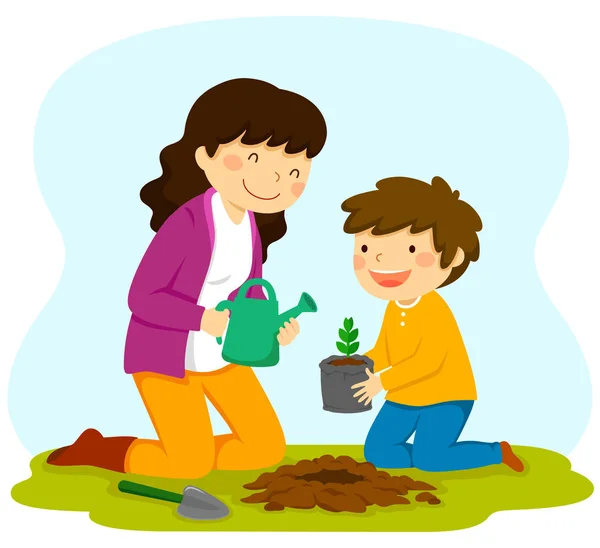 Mujer Niño Plantando Arbolito Juntos Actividad Tradicional Para Bishvat — Vector de stock