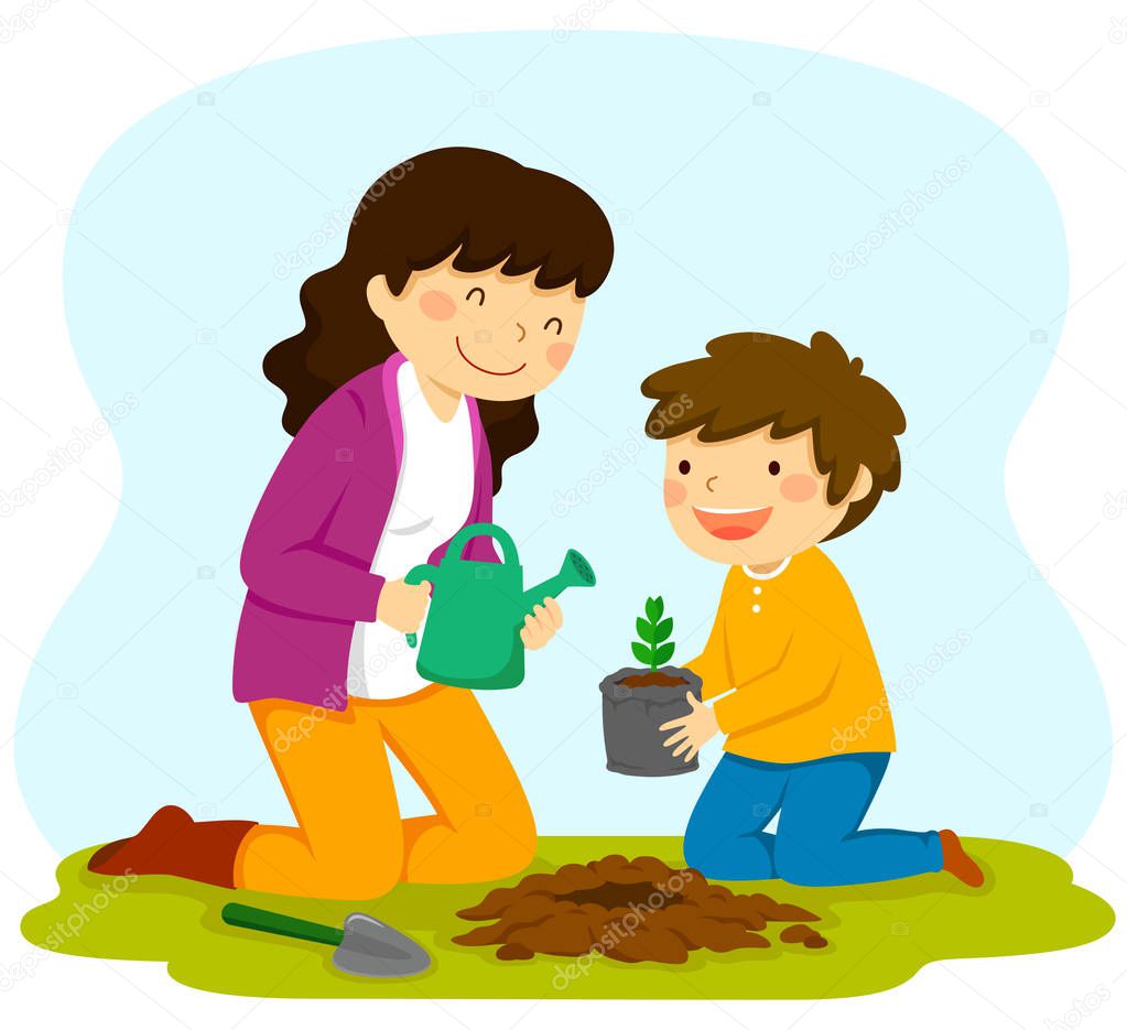 woman and child planting a sapling together. Traditional activity for Tu Bishvat.