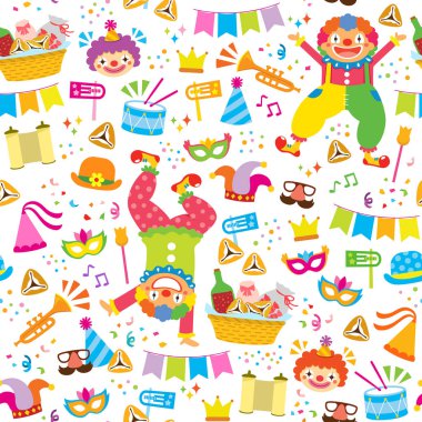 Palyaçolar, gürültü yapımcıları ve diğer tatil sembollerle Purim için seamless modeli 