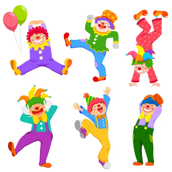 Set Cartoon Happy Clowns Different Poses — Stock Vector