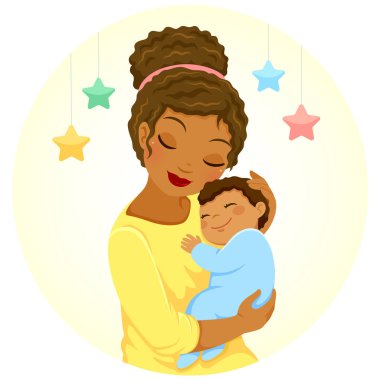 Young mother of black ethnicity hugging a smiling baby boy clipart