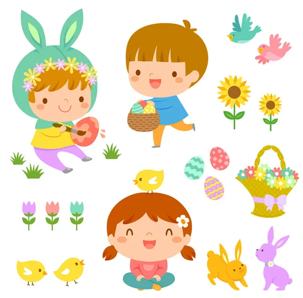 Sada Velikonočních Ilustrací Roztomilé Děti Zvířata Květiny — Stockový vektor