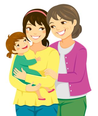 Mutlu anne, kızı ve torunu birlikte ayakta.