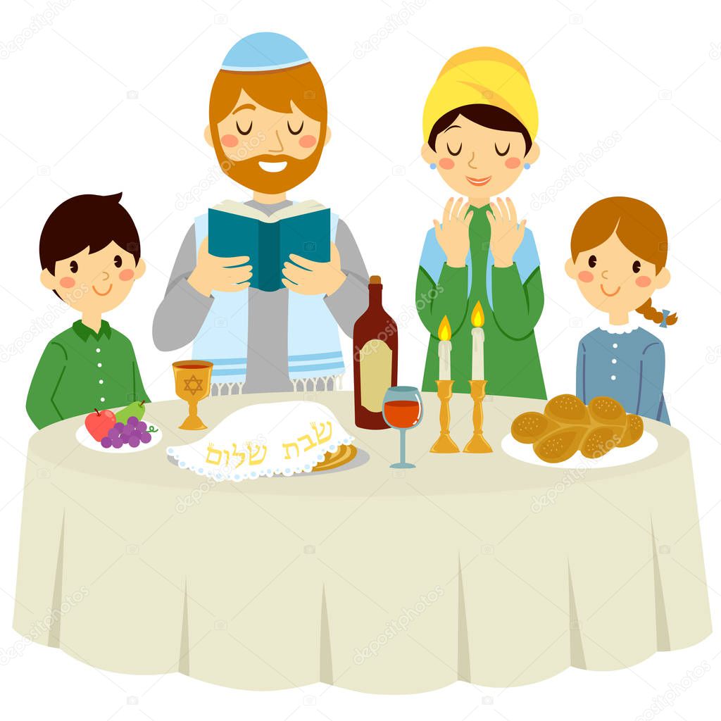 Jewish family having a Shabbat dinner with a traditional Kiddush