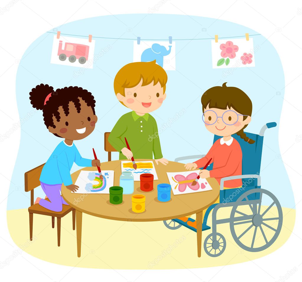 Disabled girl in a wheelchair drawing with her friends in preschool