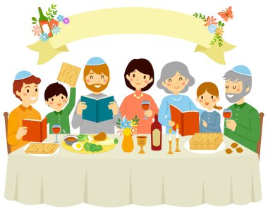 Happy Jewish family celebrating Passover eve under a blank banner with floral decorations. clipart