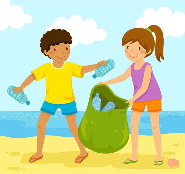 Niños Limpiando Playa Botellas Plástico Contaminantes — Vector de stock