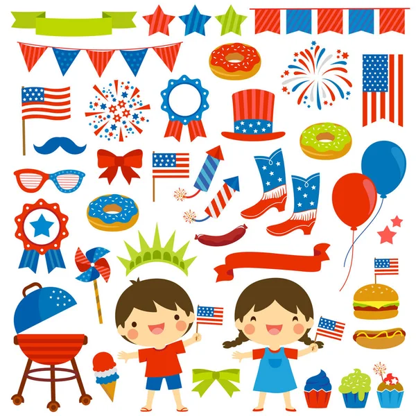 Set Clip Art Del Luglio Con Vari Oggetti Due Bambini — Vettoriale Stock