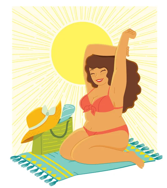 Belle Femme Courbée Bikini Profitant Soleil Plage — Image vectorielle