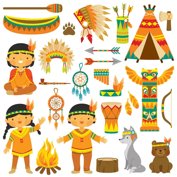 Clip Art Set Cute Native American Kids Animals Traditional Items — Stock Vector