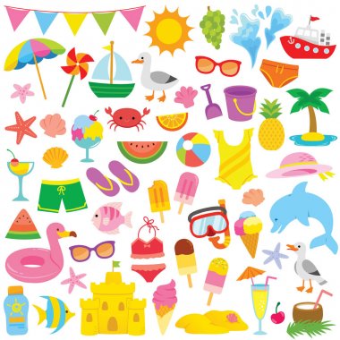Summer and beach themed clip art set with cute illustrations for kids