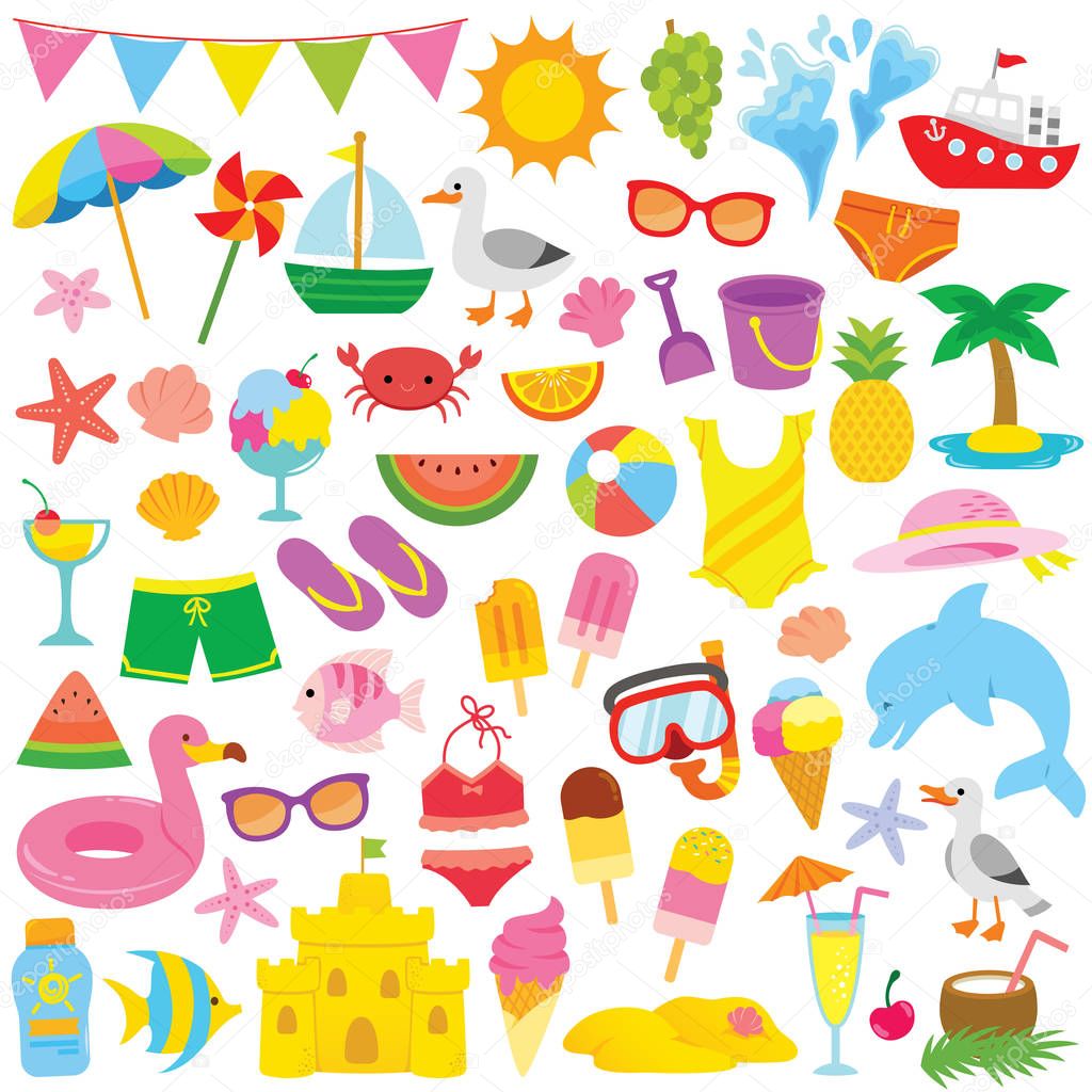 Summer and beach themed clip art set with cute illustrations for kids