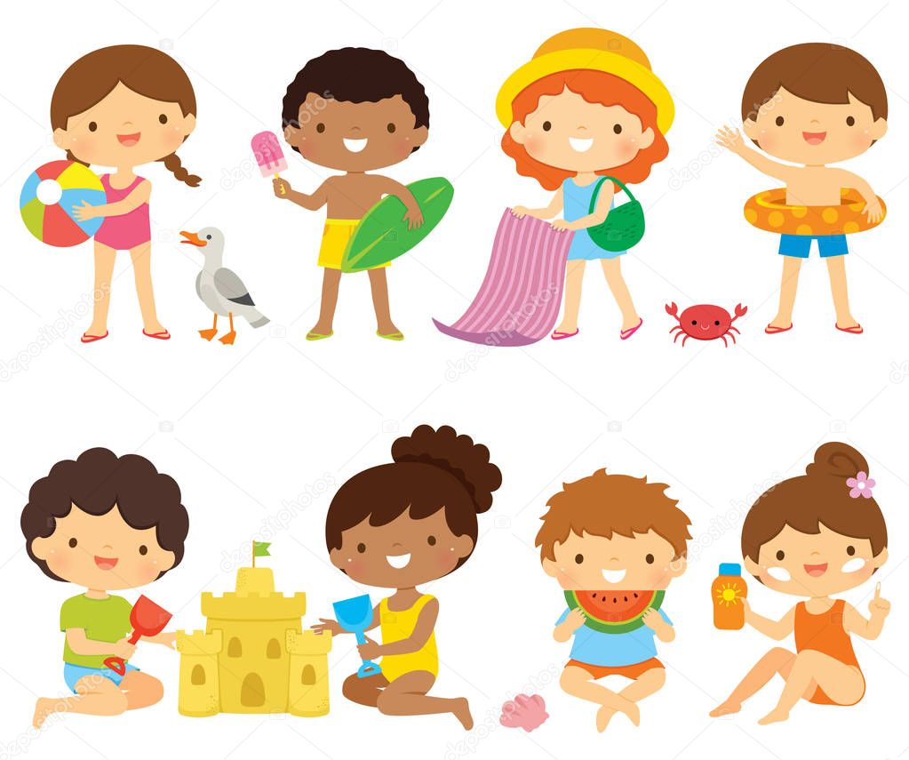 Collection of cute kids enjoying summer at the beach