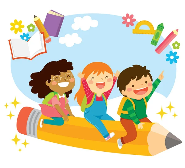 Crianças Escola Feliz Montando Lápis Voador Olhando Animado Sobre Aprendizagem Vetor De Stock
